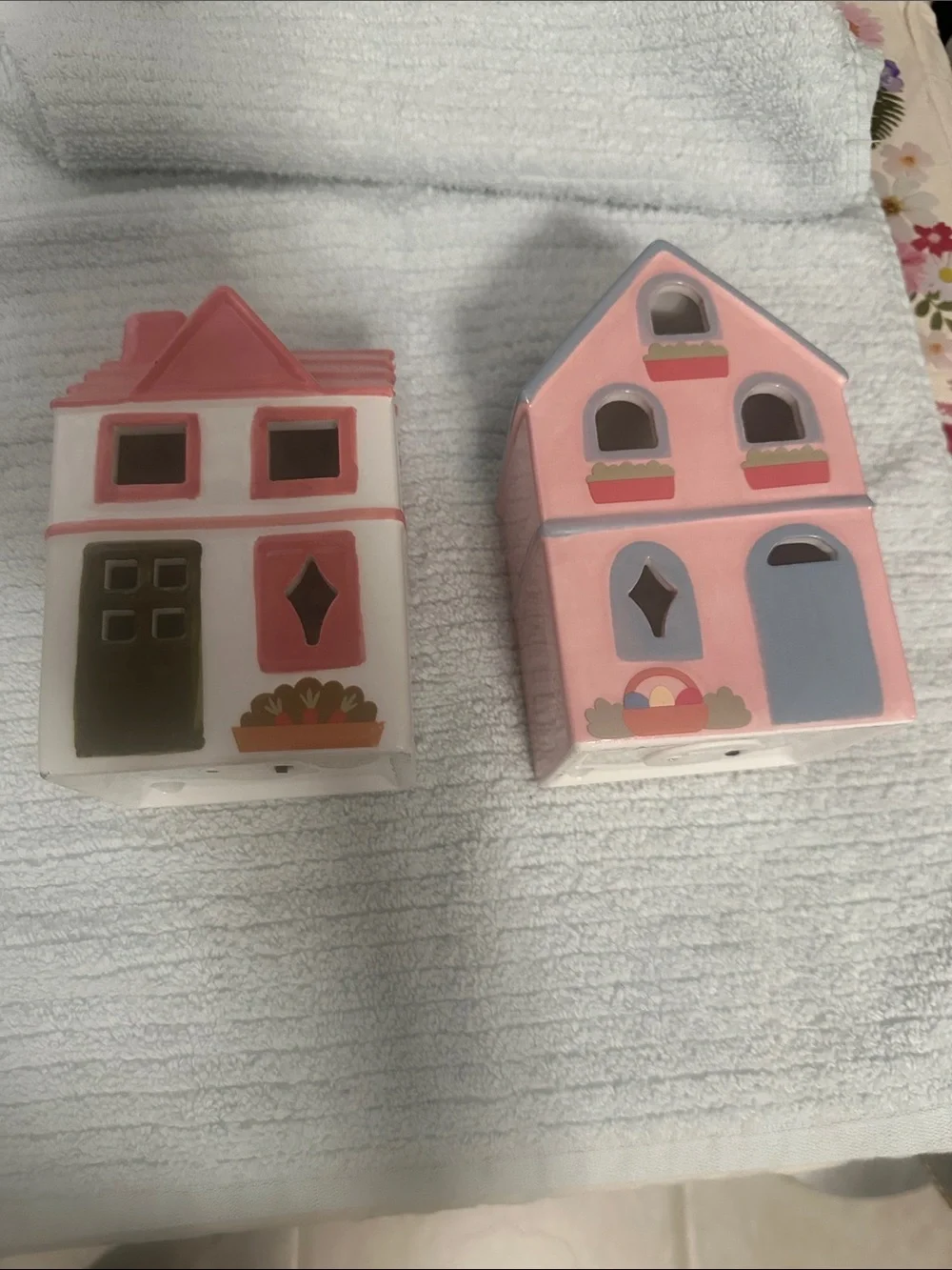 Set of 2 Decorative Pink Ceramic Cottage Homes that light up